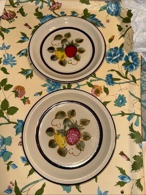 Sears Strawberries Cream Stoneware Salad Plates with Red & Yellow Fruit Accents